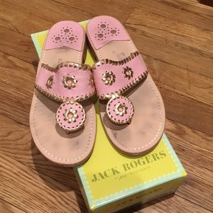 Pale pink and gold Jack Rogers sandals, size 7.5